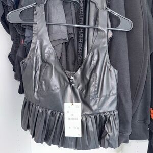 Black Faux Leather Pleated Crop Top